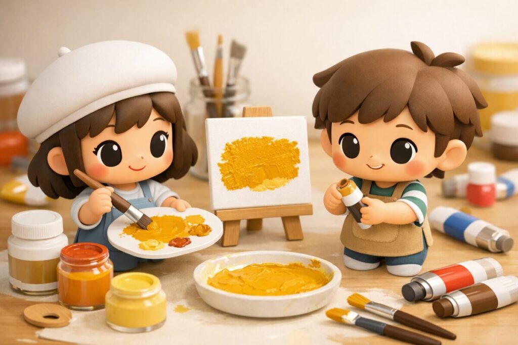 【アクリル絵の具】黄土色（イエローオーカー）の作り方！手持ちの色で簡単に混色するコツ